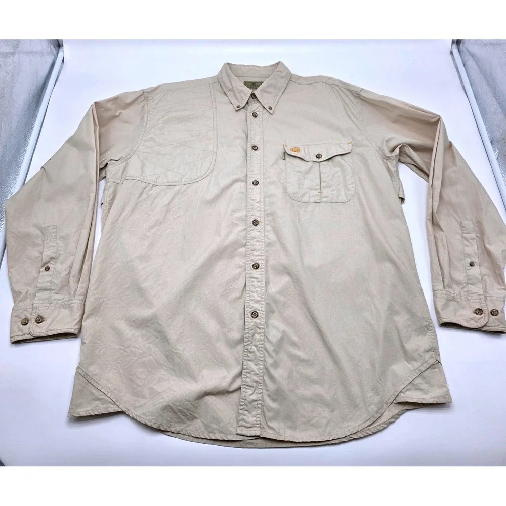 Beretta Mens XL Tan Cotton Long Sleeve Shooting Shirt‎ Quilted Shoulder Vented
